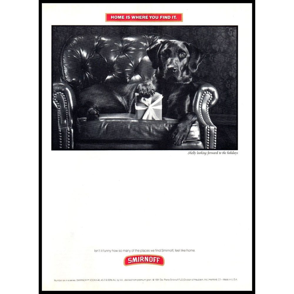 1992 Smirnoff Vodka Vintage Print Ad Black Lab Leather Chair Present Wall Art